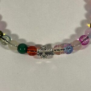 Mini Silver Cross Glass Bead Bracelet